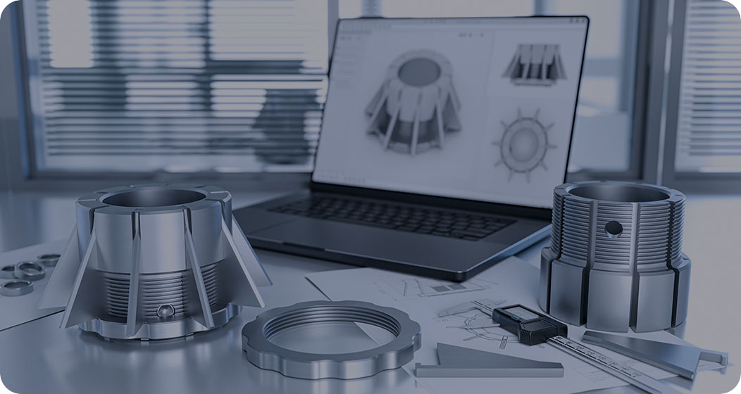 Engineering illustration with metal components, drawing and measuring tools